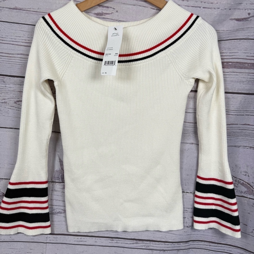 NY Collection White Sweater with Black and Red Stripes Size S petite